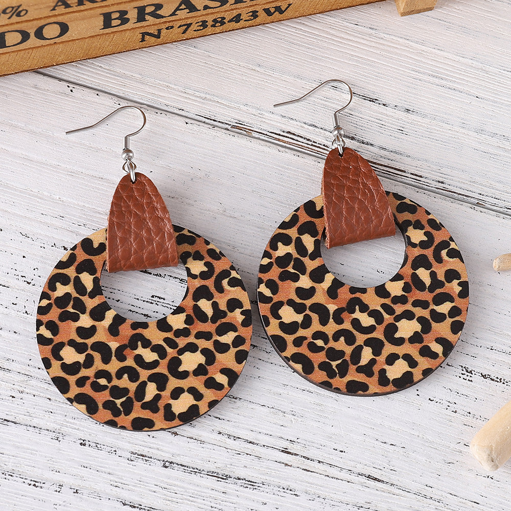 Wholesale Ethnic Bohemian Leopard Print Round Reversible Leather Earrings
